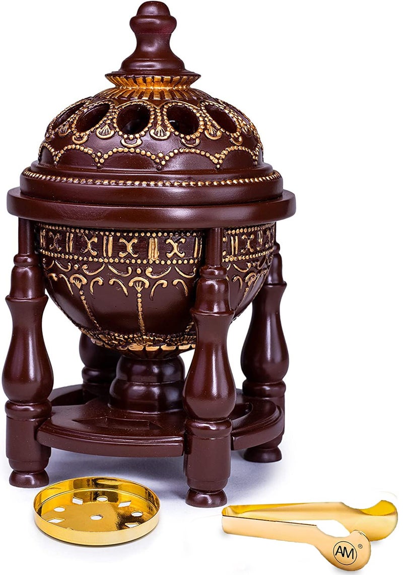 AM Charcoal Incense Burner - Bakhoor Burner, Oud Frankincense Resin Burner for Office & Home Decor, Lavish 4 Pillar Bukhoor Burners, Elegant Brown Design for Luxury Aroma Experience (Brown) - Image 1
